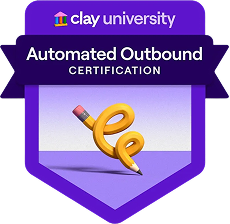 Purple badge for Clay University Automated Outbound Certification with a pencil spiral icon.