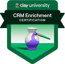 Green badge with a clay pot and paintbrush symbolizing CRM Enrichment Certification from Clay University.