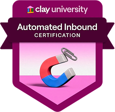Clay University Automated Inbound Certification badge with a horseshoe magnet on a pink background.